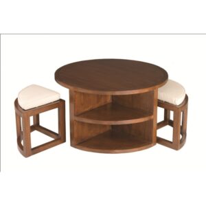 wohnli-moebel-suche-M21007323 Wohnli Möbelsuche - Runder Couchtisch mit zwei Hockern und Kissen aus Mindiholz D90