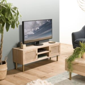 wohnli-moebel-suche-M21007341-1 TV-Möbel mit 2 offene Fächer und 2 Türen aus Jutegewebe 120x47x34cm Spanplatte Beige MACABANE Möbel Wohnzimmermöbel TV-Möbel