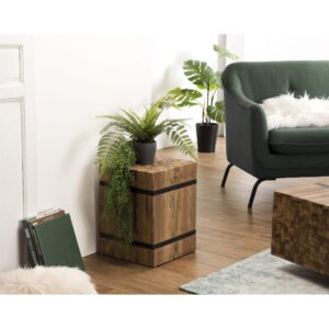 Quadratischer Beistelltisch aus Teakholz mit Metallringen L34 34x46x34cm Holz Braun MACABANE Möbel Wohnzimmermöbel Beistelltische