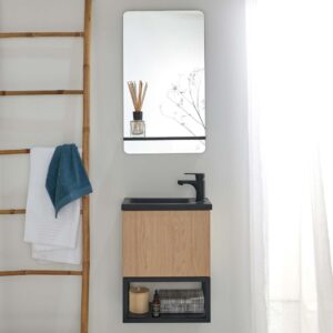 wohnli-moebel-suche-M21011411-1 Waschbeckenset aus Metall und Holz mit Ablagespiegel 21x50x40cm Spanplatte Braun Mob In Möbel Badezimmermöbel Waschtische