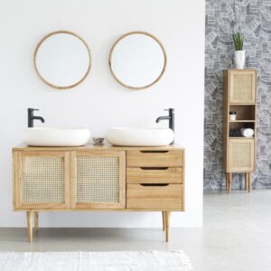 wohnli-moebel-suche-M21012566-1 Doppelwaschtisch aus massivem Mindy und Rohrgeflecht 135 cm 135x75x50cm Holz Beige BERAH GETAH Möbel Badezimmermöbel Waschtische