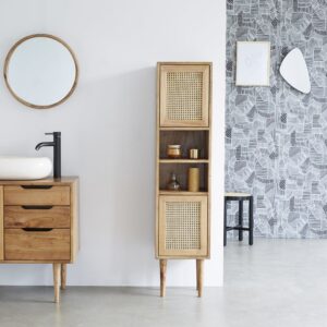 wohnli-moebel-suche-M21012640-1 Badezimmersäule aus massivem Mindi und Rohrgeflecht 150 cm 35x150x35cm Holz Beige BERAH GETAH Möbel Badezimmermöbel Bad-Hochschränke