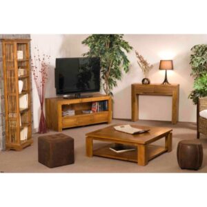 Quadratischer Couchtisch mit unterer Teakholzplatte L90 90x32x90cm Holz Braun MACABANE Möbel Wohnzimmermöbel Couchtische