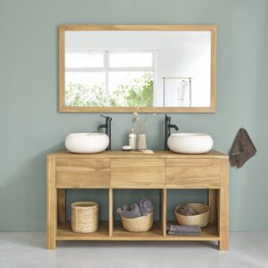 wohnli-moebel-suche-M21021386-1 Doppelwaschbeckenschrank mit 3 Schubladen und 3 Nischen aus Teakholz 145x76x55cm Holz Beige BERAH GETAH Möbel Badezimmermöbel Waschtische