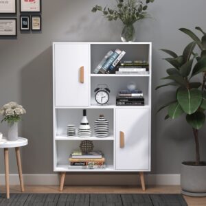 wohnli-moebel-suche-M21027461-1 Skandinavische 4-Fach-Bibliothek & 2-Schränke Weiß 80x123x235cm Spanplatte Weiß Homcom Möbel Wohnzimmermöbel Bücherregale
