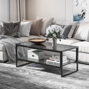 wohnli-moebel-suche-M21027469-1 Schwarzmarmor-Couchtisch mit Design-Etagere 106x47x50cm Spanplatte Schwarz Homcom Möbel Wohnzimmermöbel Couchtische