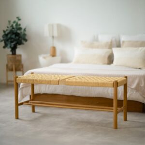 2-Sitzer-Bank aus massivem Eichenholz mit Geflecht 110x45x35cm Holz Braun Rendez-Vous Déco Möbel Esszimmermöbel Sitzbank und Holzbank