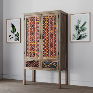 wohnli-moebel-suche-M21034995-1 Schrank mit 2 Türen und 2 Schubladen aus Mango-Holz und buntem Rattan 90x160x45cm Rohrgeflecht Braun Maison Pavane Möbel Schlafzimmermöbel Schränke