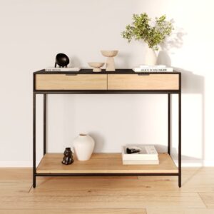 wohnli-moebel-suche-M21036846-1 Konsole aus Akazienholz mit 2 Schubladen und schwarzen Metallbeinen 100x78x35cm Holz Braun Rendez-Vous Déco Möbel Wohnzimmermöbel Konsolentische