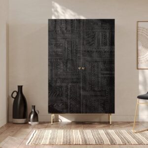wohnli-moebel-suche-M21037041-1 Schrank aus schwarzem Holz mit goldenen Metallverzierungen 100x160x45cm Holz Schwarz Maison Pavane Möbel Schlafzimmermöbel Schränke