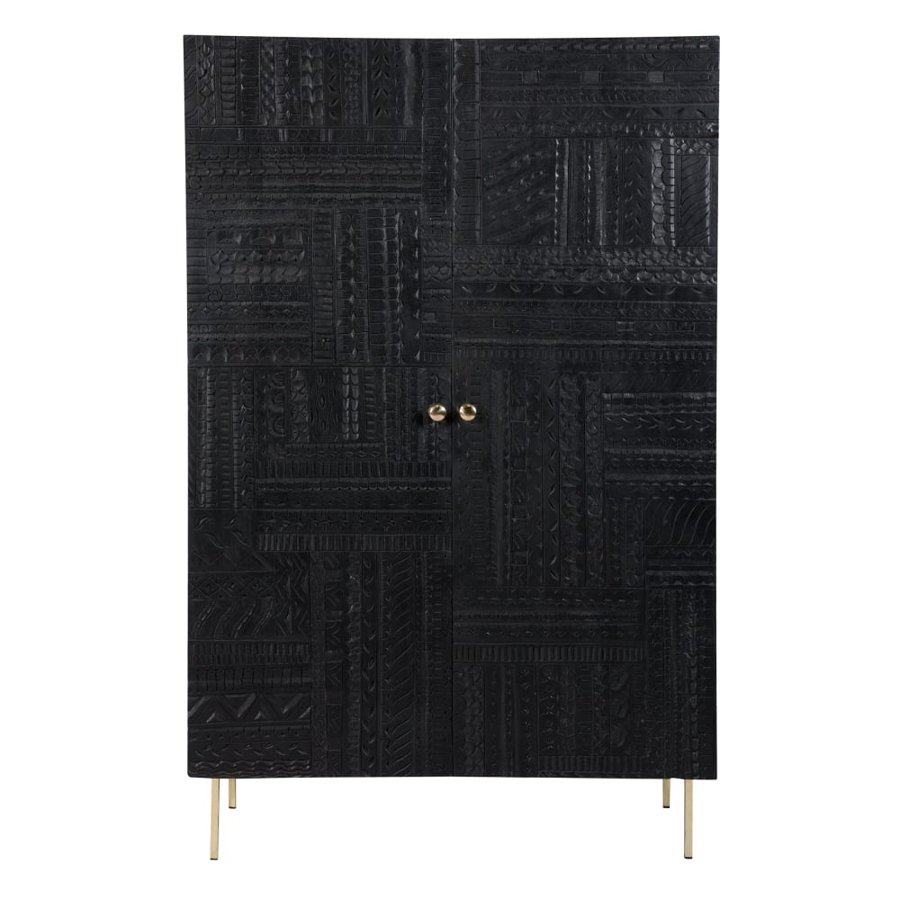 Wohnli Möbelsuche - Schrank aus schwarzem Holz mit goldenen Metallverzierungen