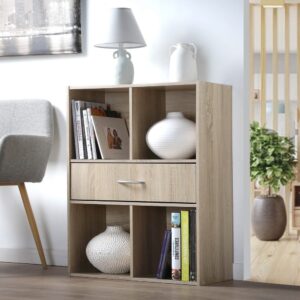 Aufbewahrungsregal 4 Fächer mit einer Schublade - Holzdekor hell 62x80x30cm Spanplatte Beige Calicosy Möbel Wohnzimmermöbel Regale