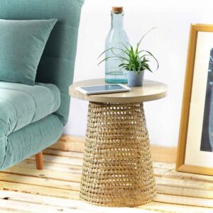 Sofaecke mit Bambusplatte und Rattan-Fuß 40x45x40cm Naturfasern Beige Calicosy Möbel Wohnzimmermöbel Beistelltische