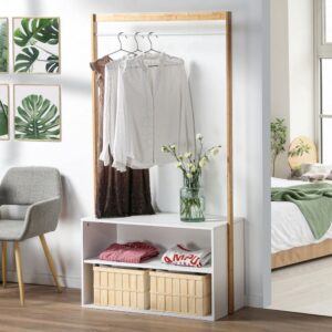 wohnli-moebel-suche-M21045242-1 Garderobenständer mit Stauraum - Weißdekor und Bamboo - L90 cm 90x171x40cm Holz Weiß Calicosy Möbel Schlafzimmermöbel Kleiderschränke