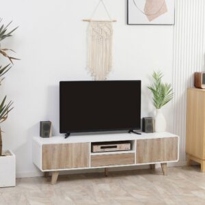 wohnli-moebel-suche-M21045951-1 Meuble TV style scandinave 2 portes niche tiroir blanc effet bois 160x45x40cm Spanplatte Weiß Homcom Möbel Wohnzimmermöbel TV-Möbel