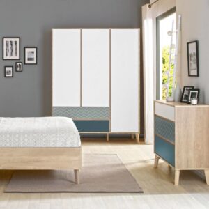 Kinderkleiderschrank mit 3 Türen und 2 Schubladen H200 cm - Weiß 58x200x153cm Holz Weiß Gami Möbel Schlafzimmermöbel Schränke