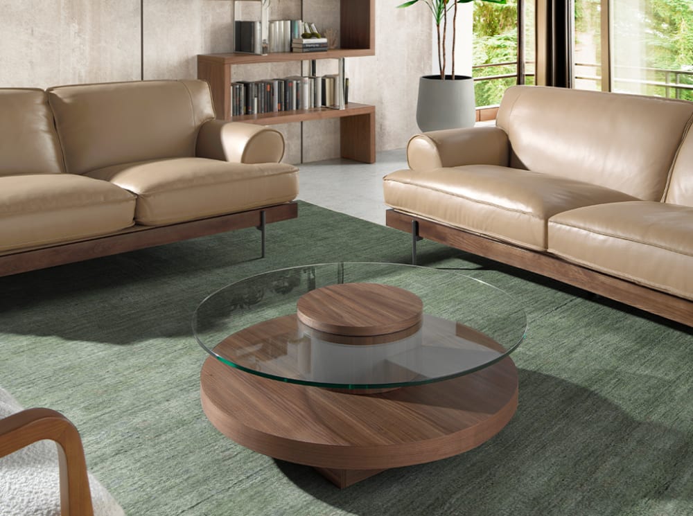 wohnli-moebel-suche-M21052595-1 Runder Couchtisch aus Walnussholz 100x35x100cm Glas Braun Angel Cerda Möbel Wohnzimmermöbel Couchtische
