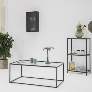 wohnli-moebel-suche-M21053587-1 Couchtisch aus Metall mit Glasplatte 100x40x60cm Glas Schwarz Decoclico Möbel Wohnzimmermöbel Couchtische