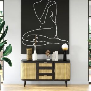 Schwarzer Buffet mit 2 Türen und 3 Schubladen aus Mangoholz und Rattan 150x78x45cm Rohrgeflecht Schwarz Maison Pavane Möbel Esszimmermöbel Sideboards, Highboards & niedrige Anrichten
