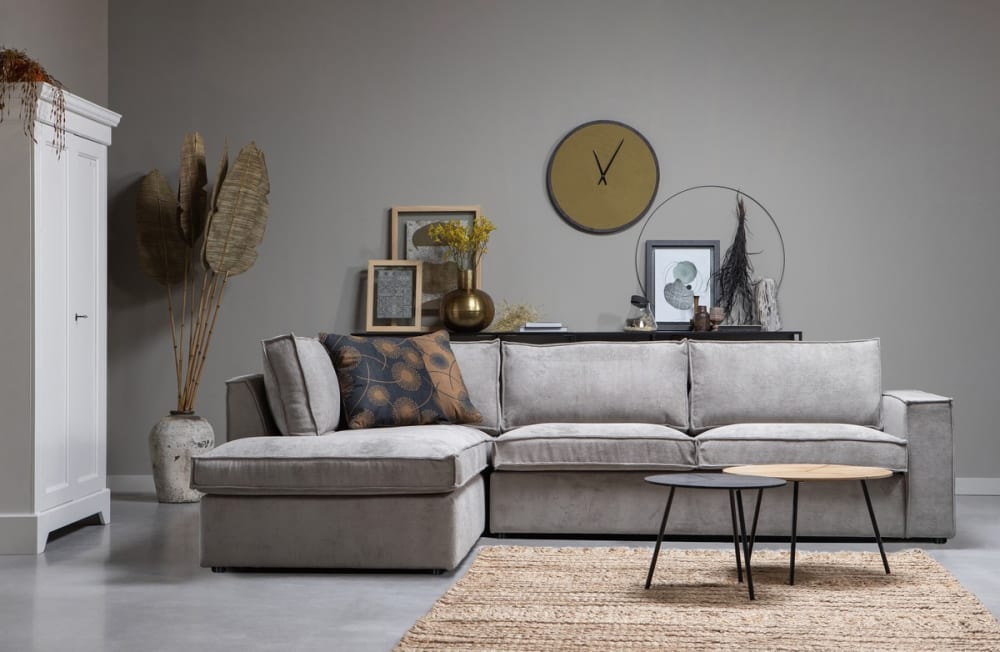 Ecksofa links 5-Sitzer Rippstoff in Graugrün 283x92x197cm Samt Grau WOOOD Sofas und Sessel Sofas Ecksofas