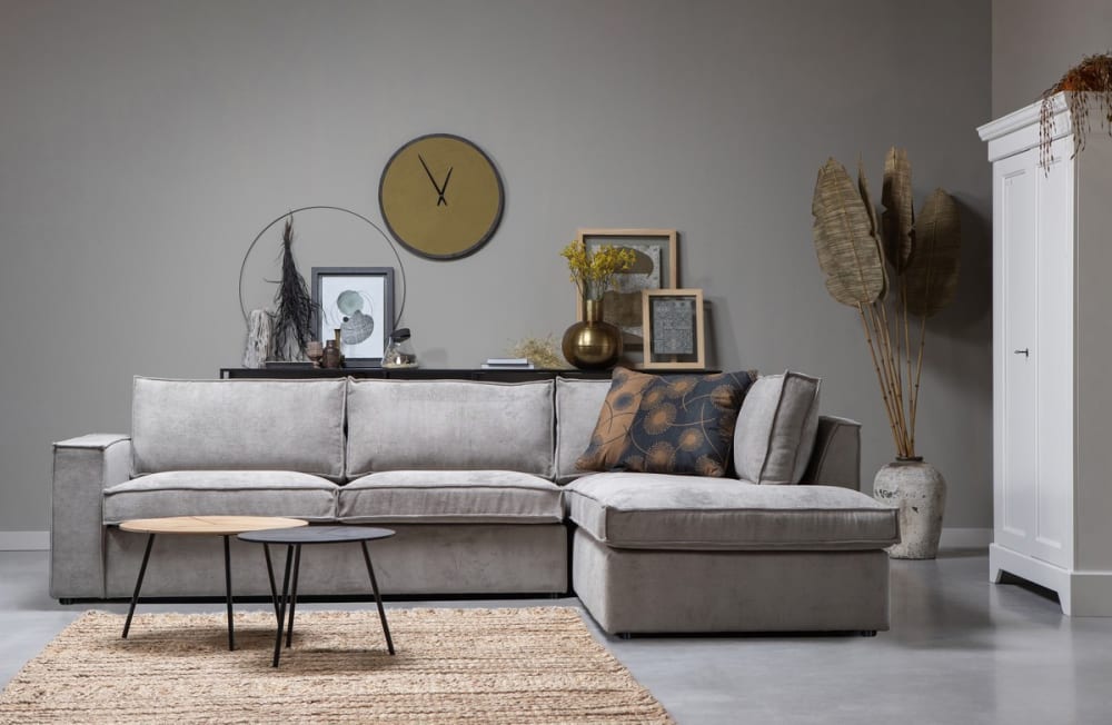 Bequemes Ecksofa aus Rippstoff in Graugrün 283x92x197cm Samt Grau WOOOD Sofas und Sessel Sofas Ecksofas