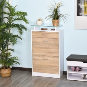 wohnli-moebel-suche-M21066675-1 Armoire à chaussures 2 portes tiroir étagère verre aspect chêne blanc 60x105x24cm Spanplatte Beige Homcom Möbel Flurmöbel Schuhschränke