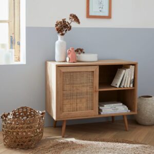 wohnli-moebel-suche-M21067364-1 Sideboard mit Rattangeflecht Skandinavische Zirkelbeine 80x65x39cm Spanplatte Beige sweeek Möbel Esszimmermöbel Sideboards, Highboards & niedrige Anrichten