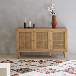 wohnli-moebel-suche-M21067365-1 Sideboard mit Rattan-Geflecht 2 Ebenen - 3 Türen, B 120 cm 120x70x39cm Spanplatte Beige sweeek Möbel Wohnzimmermöbel Couchtische