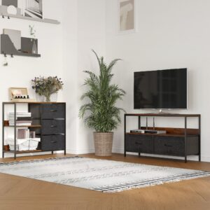 Meuble TV industriel 2 tiroirs tissu gris acier MDF noir bois vieilli 98x56x29cm Spanplatte Braun Homcom Möbel Wohnzimmermöbel TV-Möbel