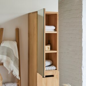 wohnli-moebel-suche-M21080181-1 Hochschrank mit Spiegel aus massivem Teak 30x130x32cm Holz Beige Tikamoon Möbel Badezimmermöbel Bad-Hochschränke