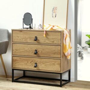 Kommode in Eiche-Dekor mit 3 Schubladen und Metallgestell 80x80x39cm Spanplatte Braun Calicosy Möbel Schlafzimmermöbel Kommoden