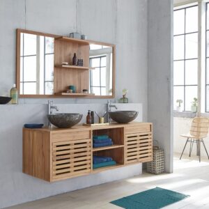 Waschtischunterschrank aus massivem Teakholz hängend 160 cm 160x50x160cm Holz Beige BERAH GETAH Möbel Badezimmermöbel Waschtische