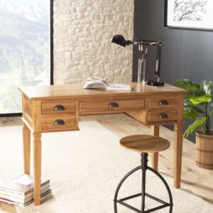 Schreibtisch mit 5 Schubladen aus Teakholz 120x78x50cm Holz Braun MACABANE Möbel Büromöbel Schreibtische