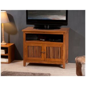 TV-Möbel mit 2 Jalousietüren aus Teakholz 80x66x44cm Holz Braun MACABANE Möbel Wohnzimmermöbel TV-Möbel