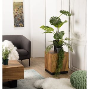 Quadratischer Beistelltisch aus Suar-Holz mit schwarzem Gestell L38 40x46x40cm Holz Braun MACABANE Möbel Wohnzimmermöbel Beistelltische