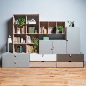 Graue Kommode mit 2 Schubladen und Holzgriffen 94x47x49cm Spanplatte Grau Calicosy Möbel Schlafzimmermöbel Kommoden