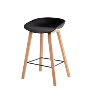 Wohnli Möbelsuche - Niedriger Küchenhocker aus Polypropylen mit Eichenbeinen in Schwarz.
