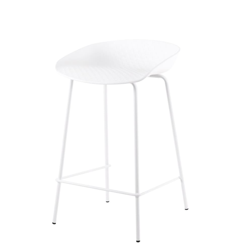 wohnli-moebel-suche-M21108557 Wohnli Möbelsuche - Niedriger Hocker mit Sitz und Metallbeinen in Weiß.