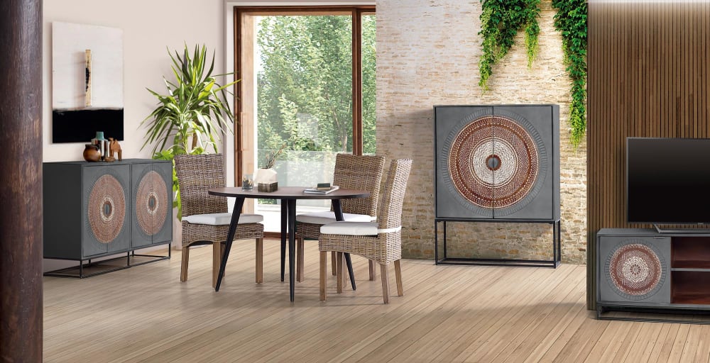 Highboard aus Mangoholz mit Metallbeinen in Grau und Braun 107x142x40cm Holz Grau GINER Y COLOMER Möbel Esszimmermöbel Sideboards, Highboards & niedrige Anrichten