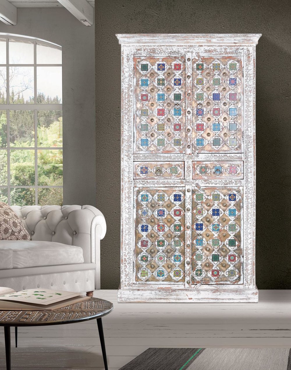 Schrank aus Mangoholz mit Keramik 100x185x40cm Holz Weiß GINER Y COLOMER Möbel Schlafzimmermöbel Schränke