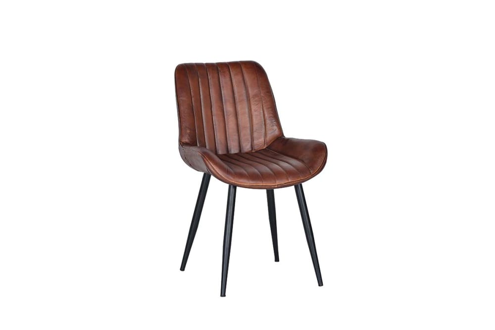 wohnli-moebel-suche-M21113851 Wohnli Möbelsuche - Brauner Lederstuhl mit Metallbeinen