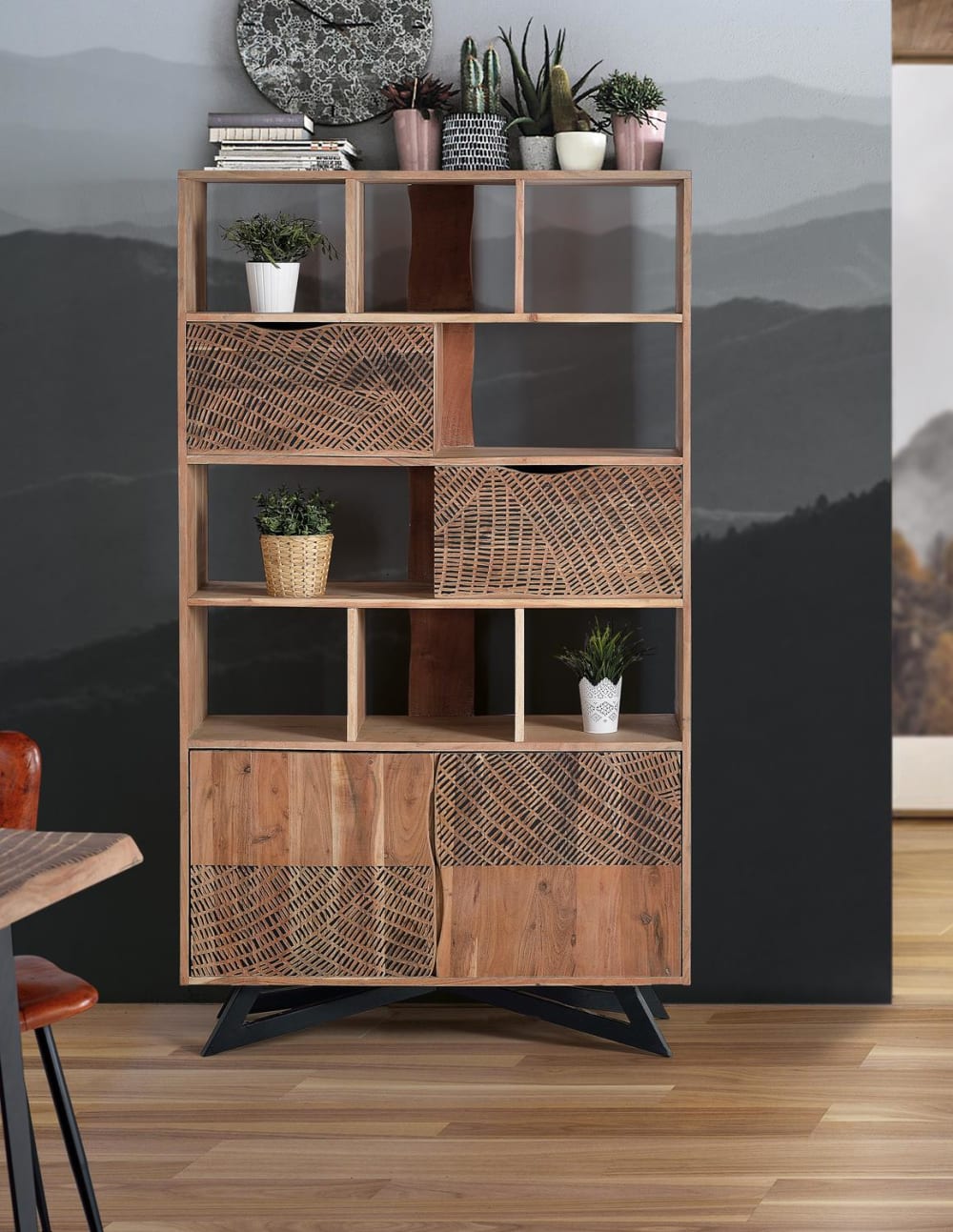 Bücherregal aus Akazienholz 102x180x38cm Holz Braun GINER Y COLOMER Möbel Wohnzimmermöbel Bücherregale