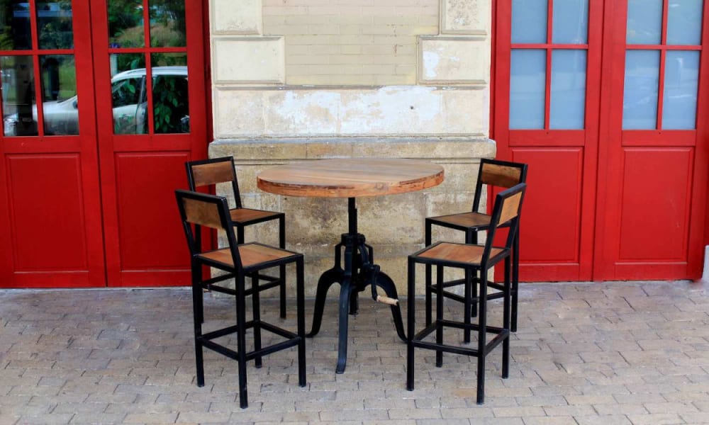 Hochstuhl aus Stahl und Mangoholz mit Rückenlehne 35x105x35cm Holz Braun Mathi Design Möbel Esszimmermöbel Barhocker