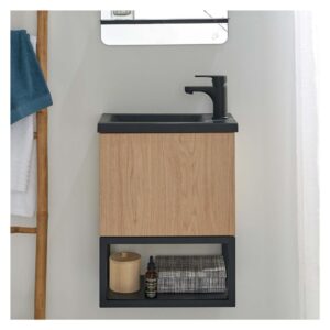 Wandwaschbecken-Set aus Metall und Holz mit schwarzem Wasserhahn 21x50x40cm Spanplatte Braun Mob In Möbel Badezimmermöbel Waschtische