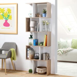 Bücherregal mit mehreren Fächern H180 cm - Dekor Holz und Weiß 60x180x24cm Spanplatte Beige Calicosy Möbel Wohnzimmermöbel Bücherregale
