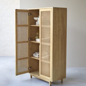 wohnli-moebel-suche-M22007880-1 Schrank aus massiver Ulme und Rattangeflecht 85x160x40cm Holz Beige Tikamoon Möbel Schlafzimmermöbel Schränke
