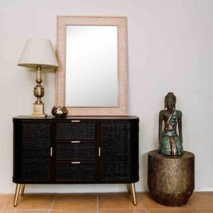 Sideboard aus Holz und Rattan 115x35x80 cm in Schwarz und Gold 115x80x35cm Spanplatte Schwarz Wanderlust deco Möbel Esszimmermöbel Sideboards, Highboards & niedrige Anrichten