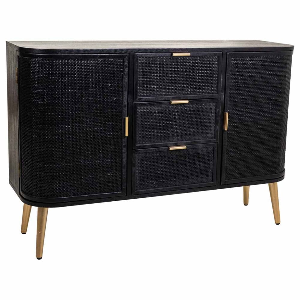 Wohnli Möbelsuche - Sideboard aus Holz und Rattan 115x35x80 cm in Schwarz und Gold