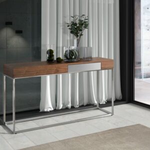 wohnli-moebel-suche-M22010237-1 Empfangskonsole aus Walnussholz und Chromstahl 40x76x135cm Holz Braun Angel Cerda Möbel Wohnzimmermöbel Konsolentische