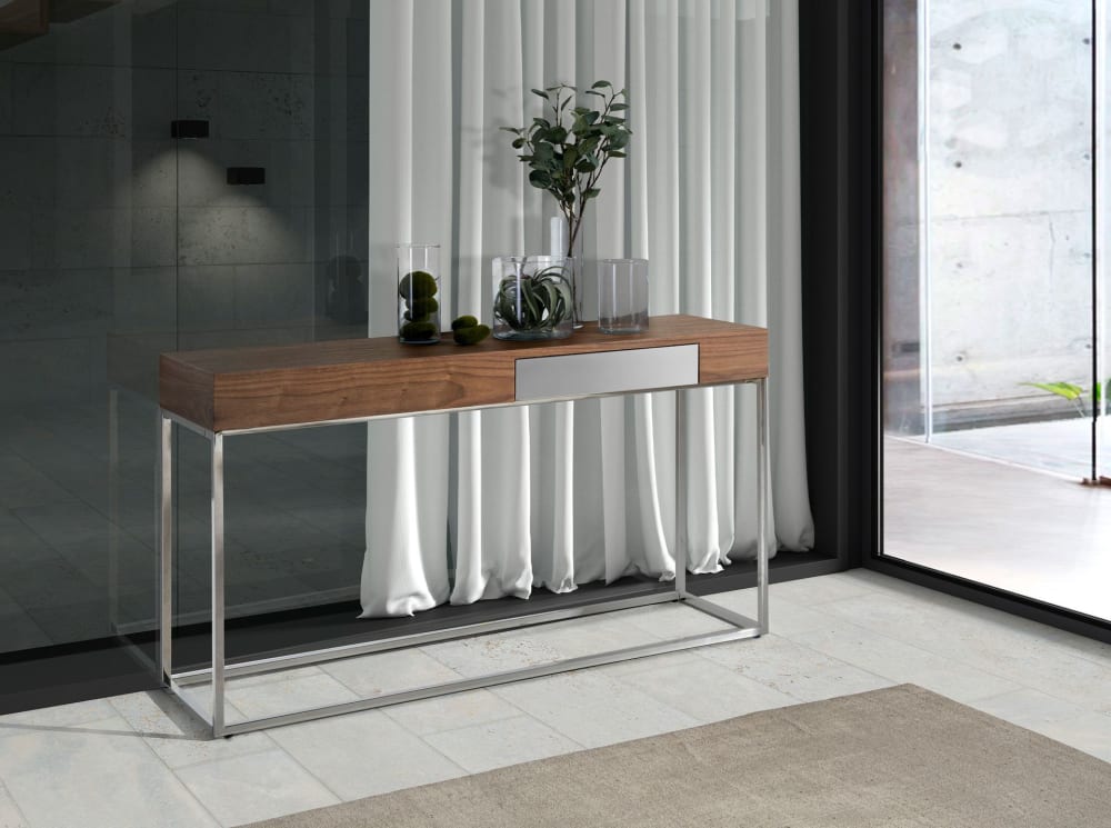 wohnli-moebel-suche-M22010237-1 Empfangskonsole aus Walnussholz und Chromstahl 40x76x135cm Holz Braun Angel Cerda Möbel Wohnzimmermöbel Konsolentische